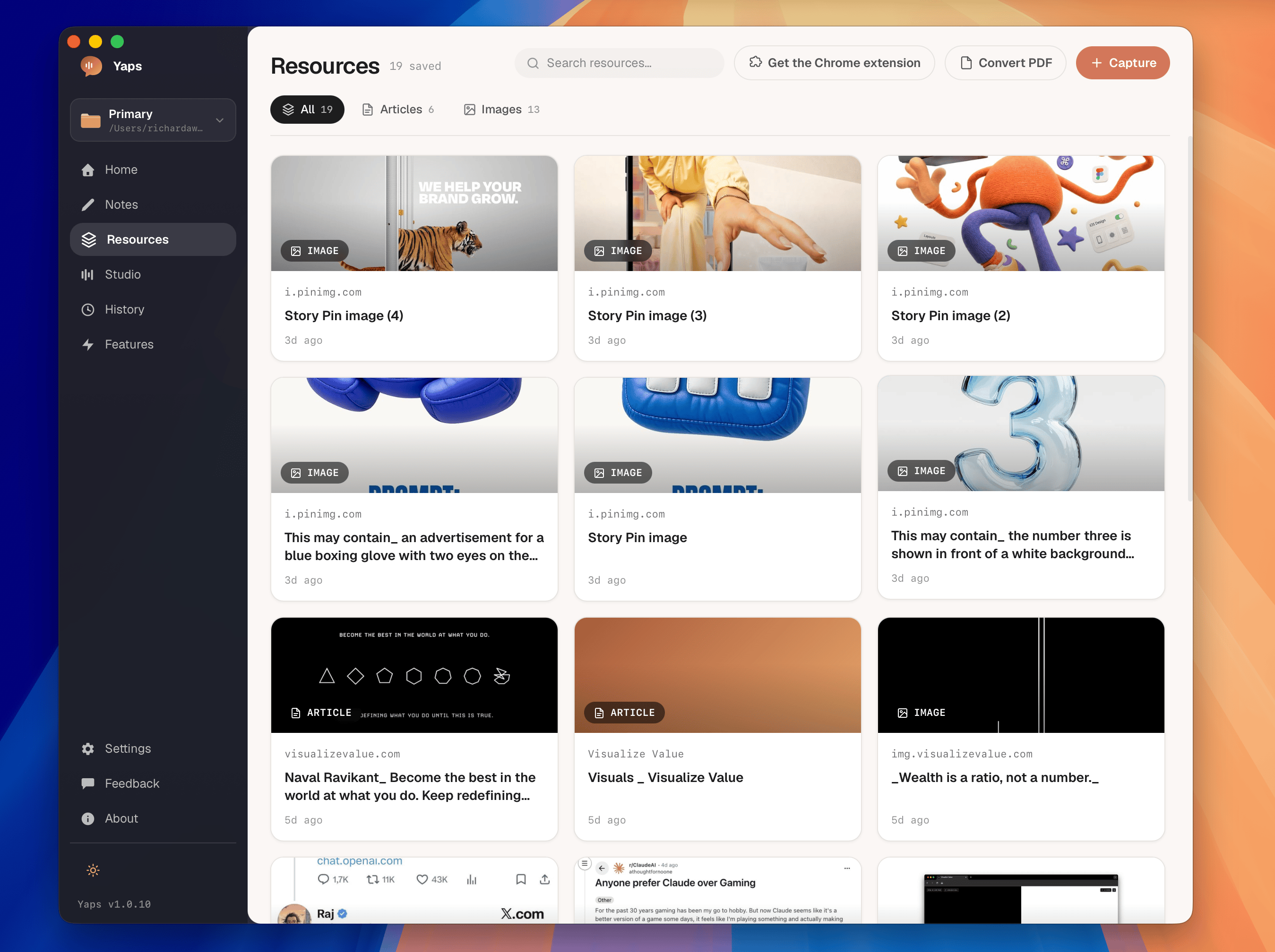 The Save-to-Yaps resources library: a grid of saved articles and images with a capture bar
